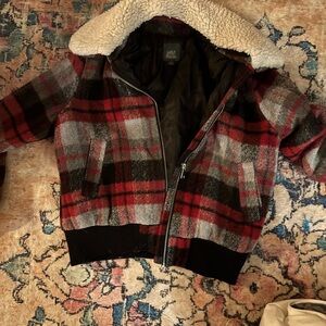 Wild Fable Red and Black Plaid womans Puffer Jacket with Sherpa Collar
